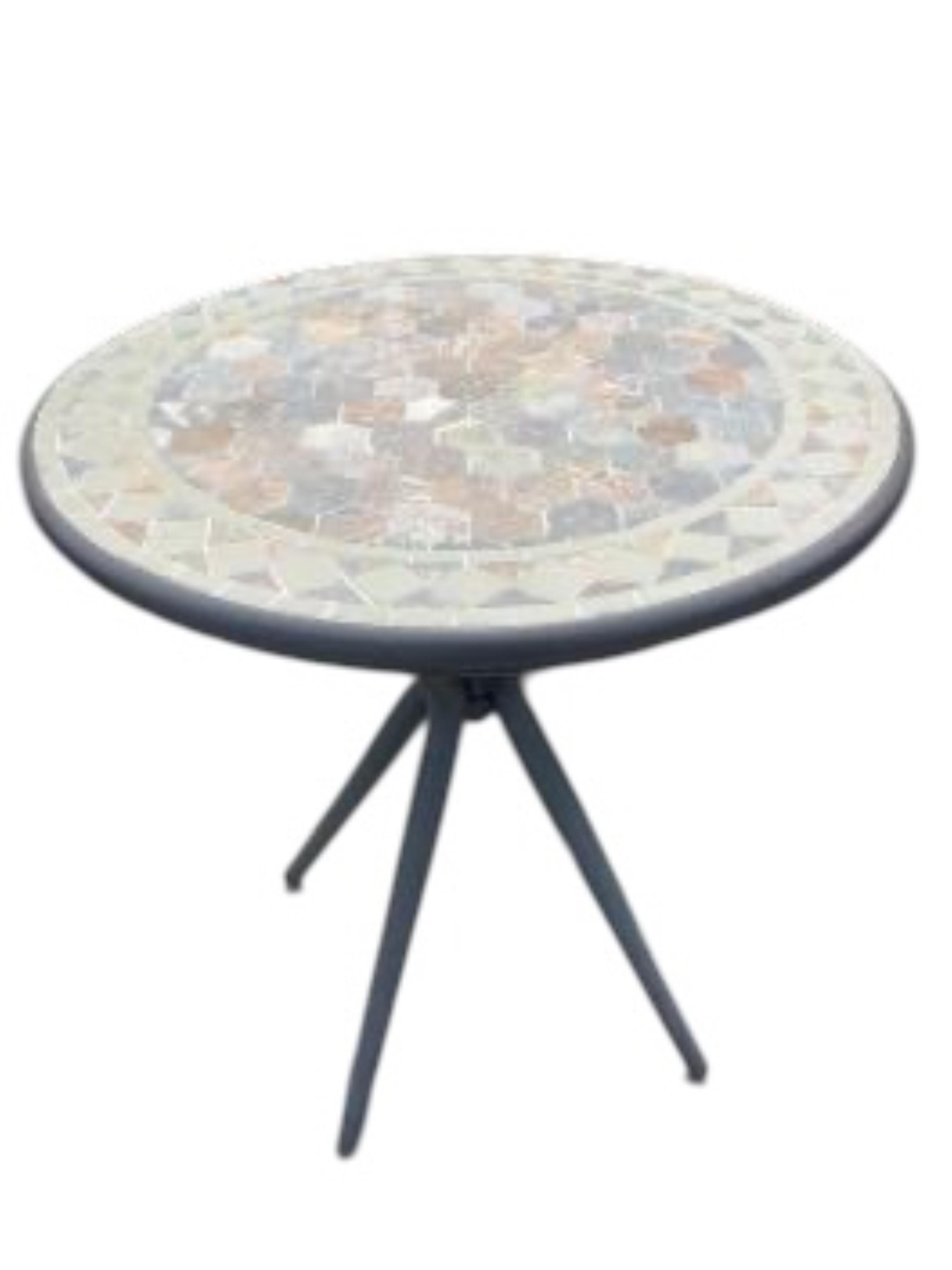 A circular mosaic stone garden table, diameter 69cm, height 75cm and two metal chairs